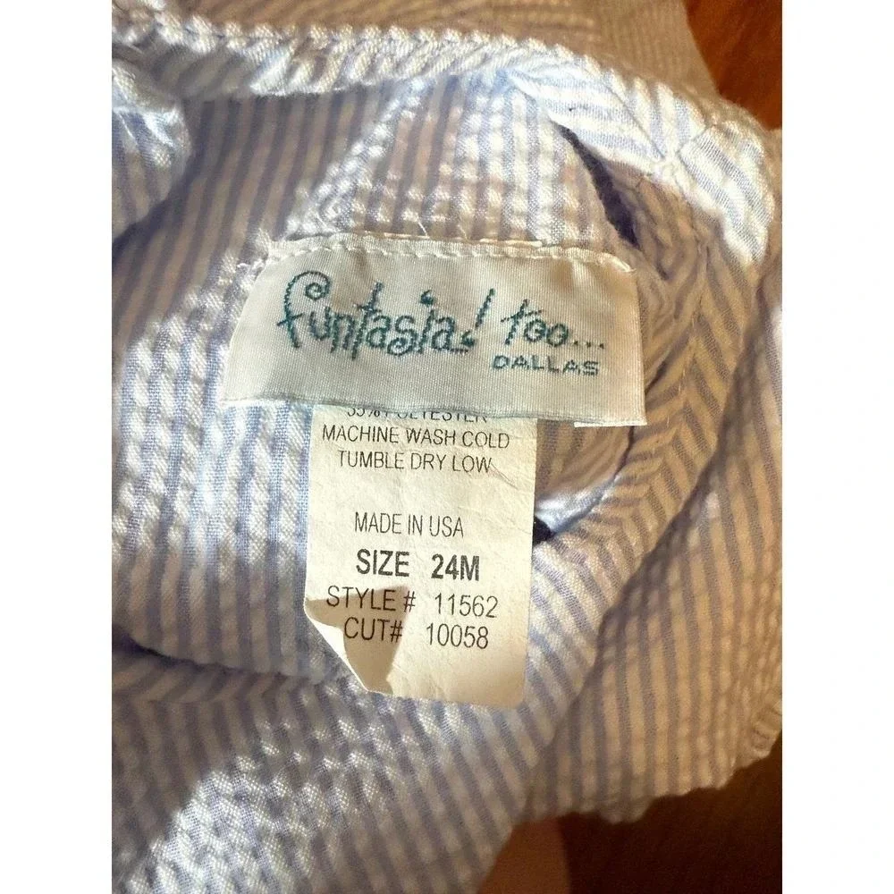 Funtasia Too Girls Blue Stripe Seersucker Ruffle Sleeve Dress Sz 24M NWOT Preppy